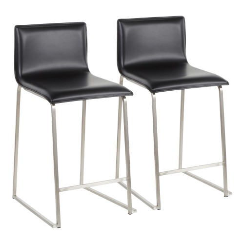 Mara Upholstered Counter Stool (Black Faux Leather + Stainless Steel) - Set of 2